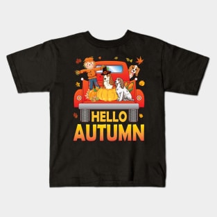 Boy Dogs Pumpkins On Truck Happy Thanksgiving Hello Autumn Kids T-Shirt